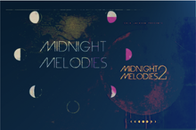 Album cover art for 'Midnight Melodies Complete Collection, ' featuring a dark navy blue background with moon phase illustrations, stylized text, and a large abstract moon graphic on the right.