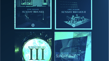 Four album covers arranged in a 2x2 grid on a dark blue background. The covers feature Erik Jackson's 'Sunday Breaks', 'Sunday Breaks II', 'Sunday Breaks III', and 'Sunday Jazz' in a monochromatic teal and black aesthetic.