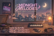 Promotional cover art for a digital music sample pack bundle titled 'Midnight Melodies'. The scene shows a cozy, illustrated bedroom setup at night with a city skyline window background.