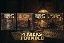 Four album-style covers labeled Sunday Breaks Vol. 1, 2, 3, and Sunday Jazz are displayed across a dimly lit studio scene with mixing equipment and a brick wall background.
