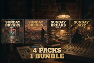 Four album-style covers labeled Sunday Breaks Vol. 1, 2, 3, and Sunday Jazz are displayed across a dimly lit studio scene with mixing equipment and a brick wall background.